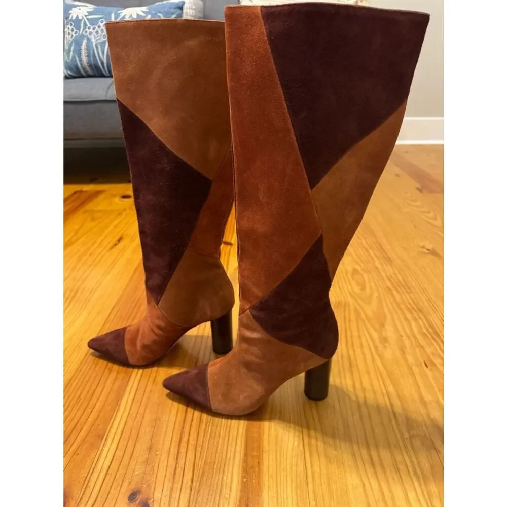 Ulla Johnson Jerri Cowhide Suede Patchwork Knee High Tall Boots Size EUR 38 US 8
